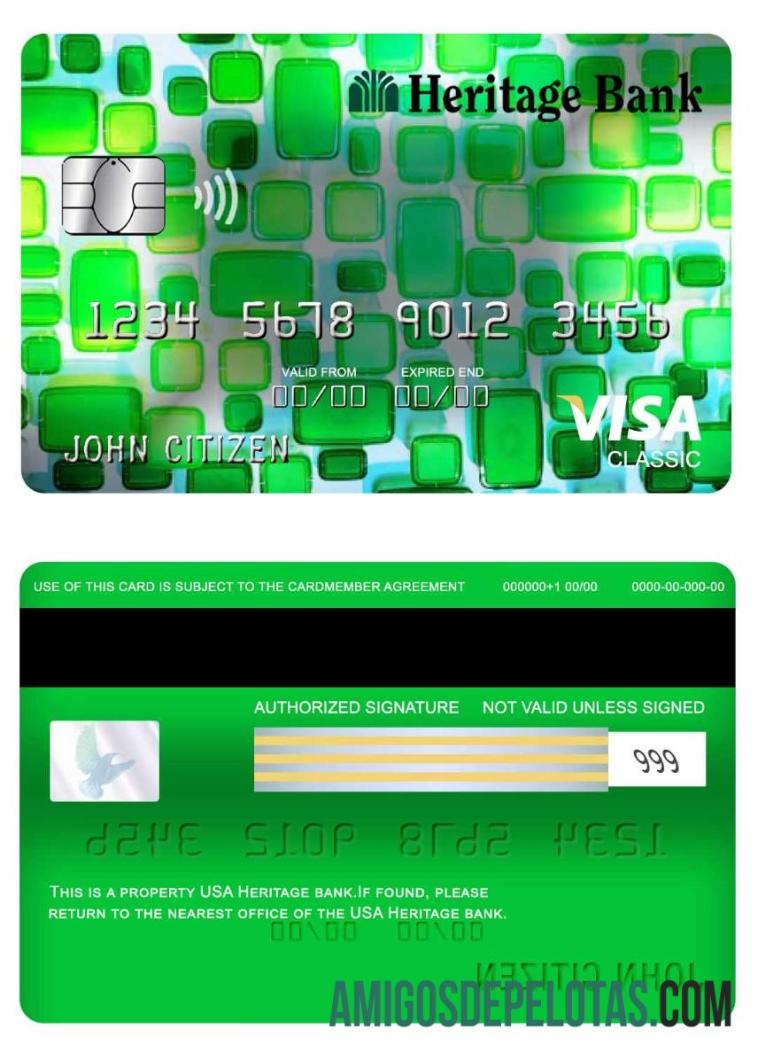 Cartão Visa Classic do Banco Heritage dos EUA exemplo